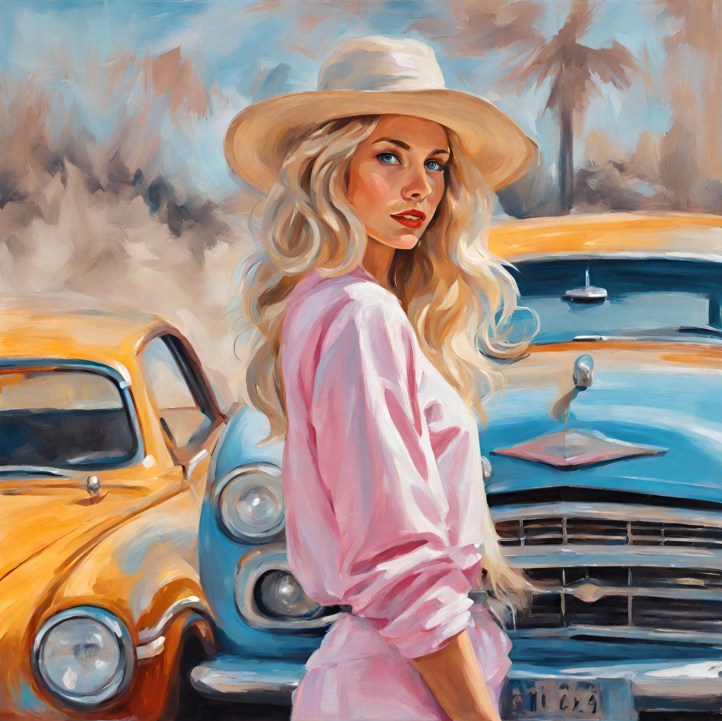 Blonde Woman-Straw Hat-Vintage Cars-Portrait-Original Giclée Art Print.