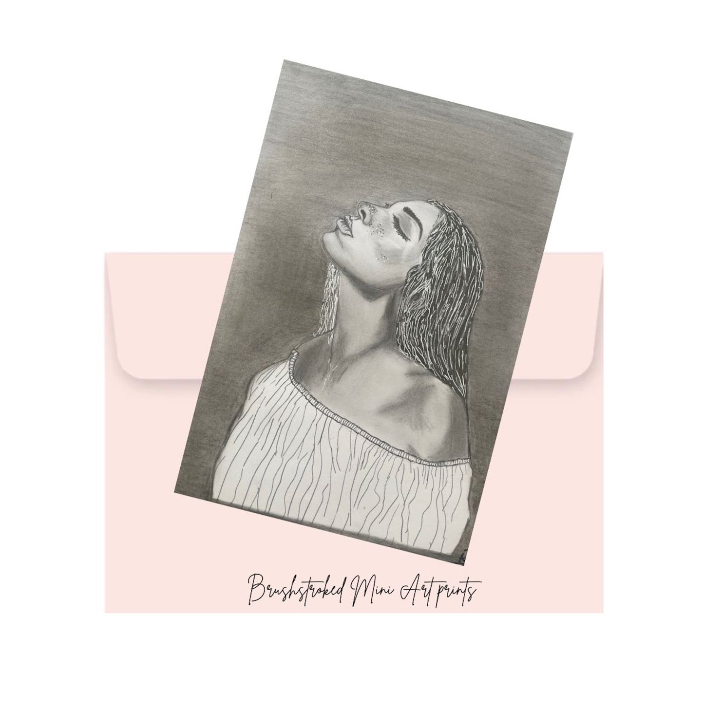 black and white mini Art print of a woman on top of a pink envelope
