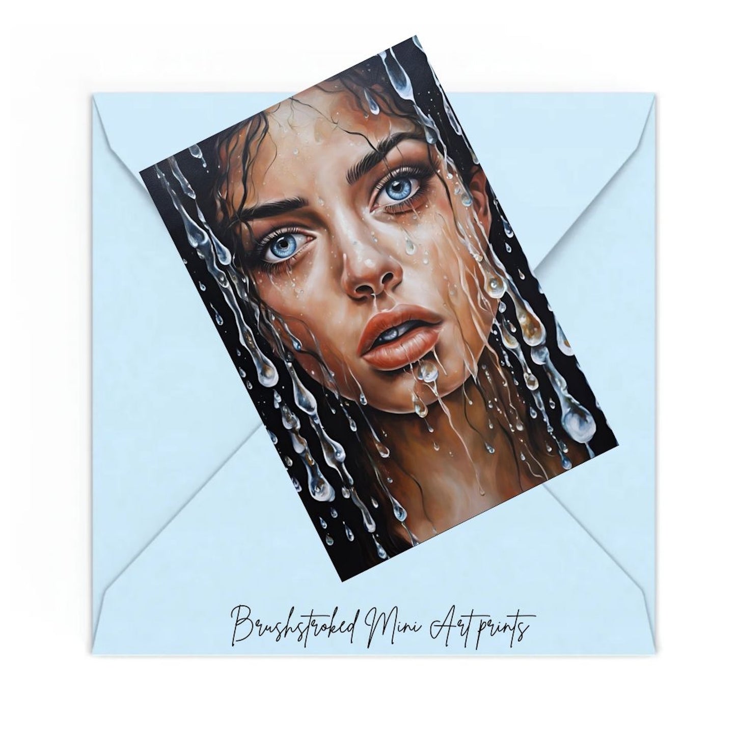 mini Art print of a woman's face with water droplets on a light blue envelope