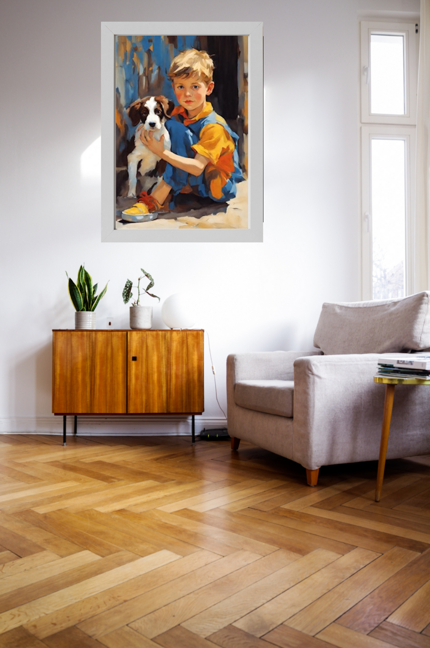 boy_with_puppy_art_print framed and hanging on wall