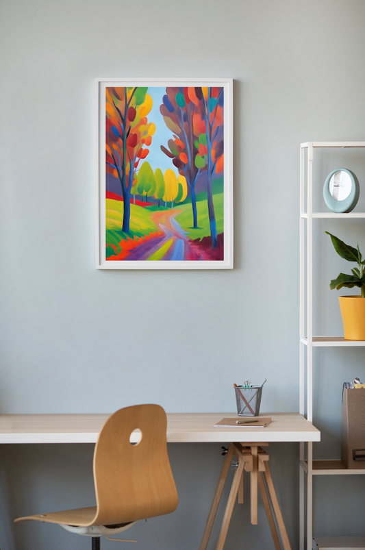 colourful vibrant landscape art print framed and hanging on wall above desk. Trees, path and grass multicoloured.