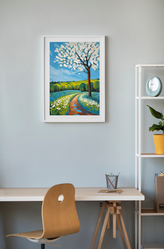 colourful whimsical landscape painting hanging on wall above a table.