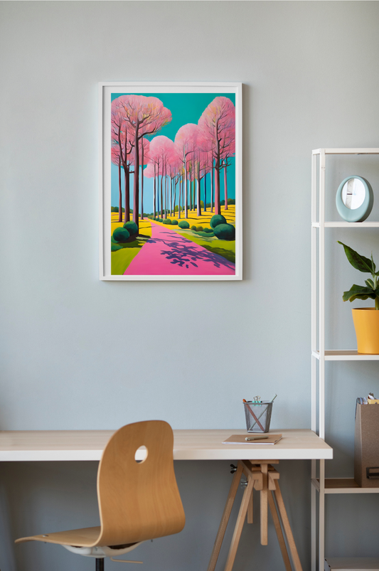 colourful landscape art hanging on a wall pink trees pink path green bushes yellow wild flowers and blue skies