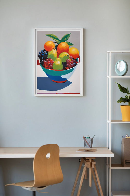 colourful still life fruit in bowl hanging on a wall above a desk