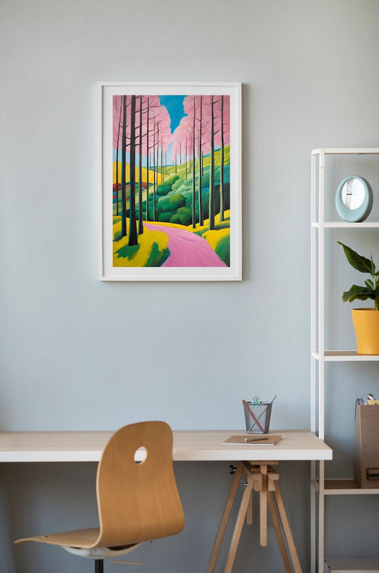 colourful landscape framed hanging on wall above table