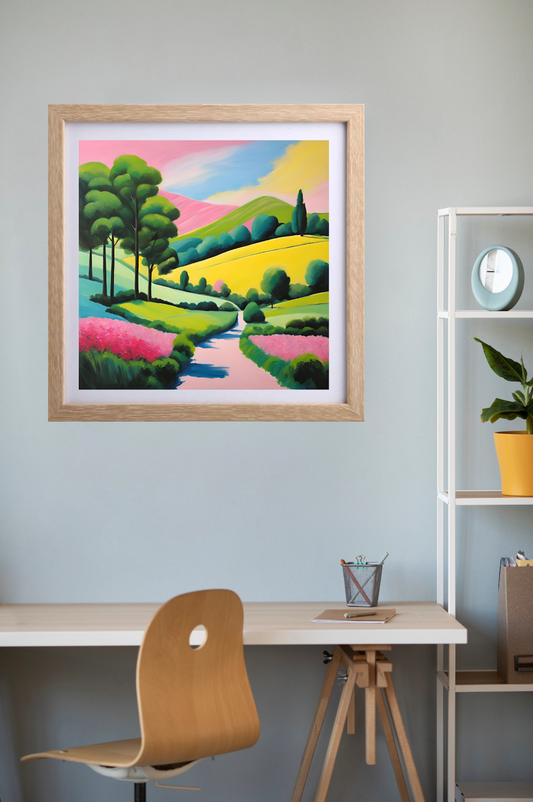 Giclée art print of colourful landscape featuring hills and trees
