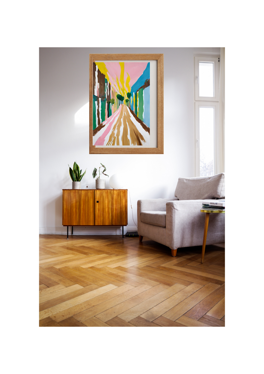 aabstract_colourful_landscape_hockney_style_art_print hanging on wall.