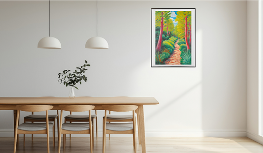 Dining room with a wooden table and chairs, featuring a colorful forest painting on the wall.
