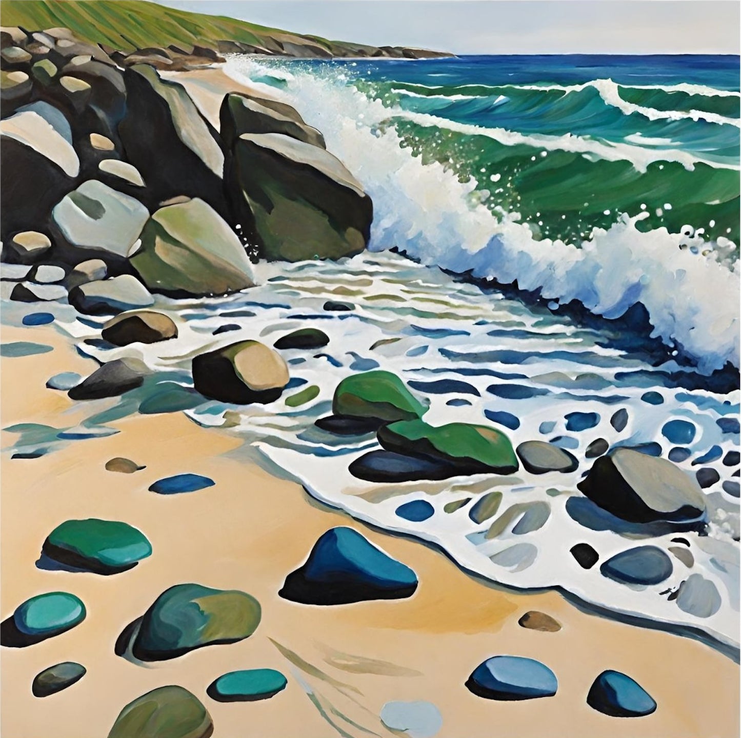 colourful whimsy seascape beach rocks waves art print