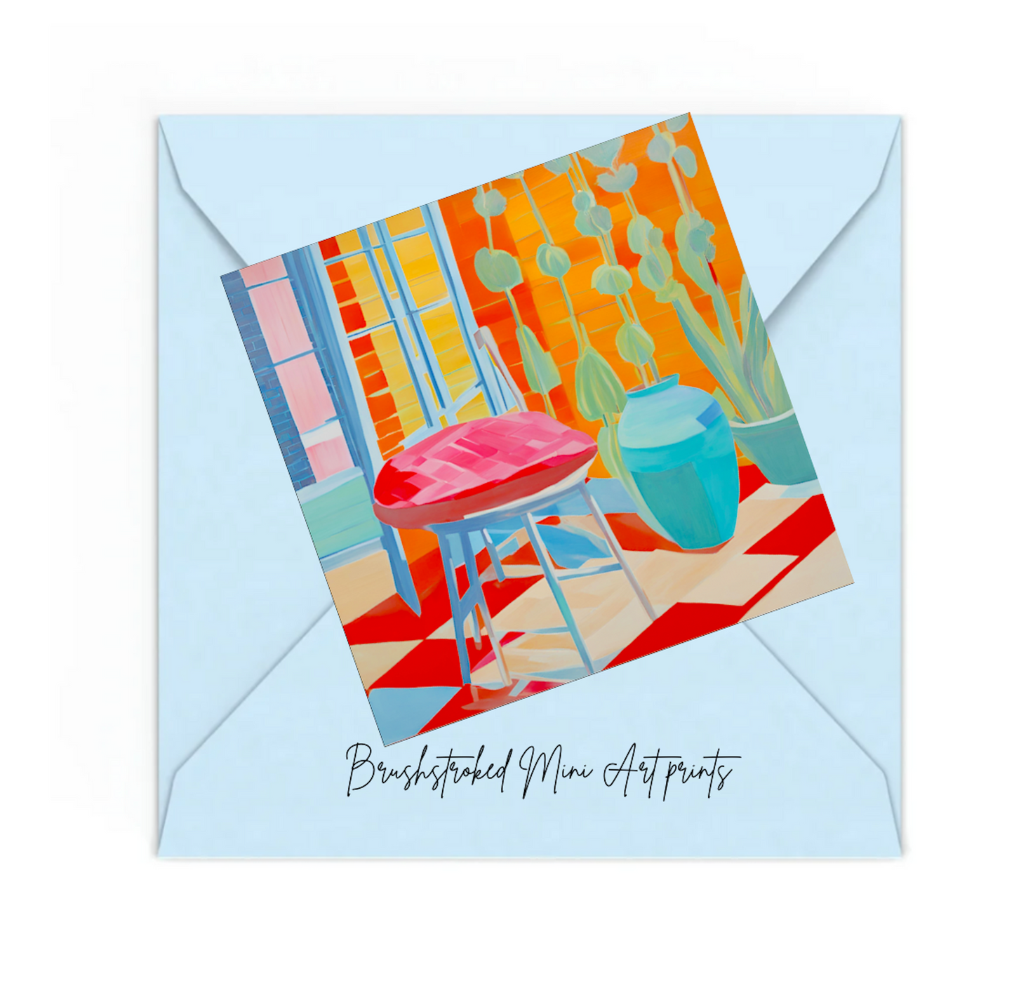 colourful mini art print of a roomscape hockney style on top of a blue envelope