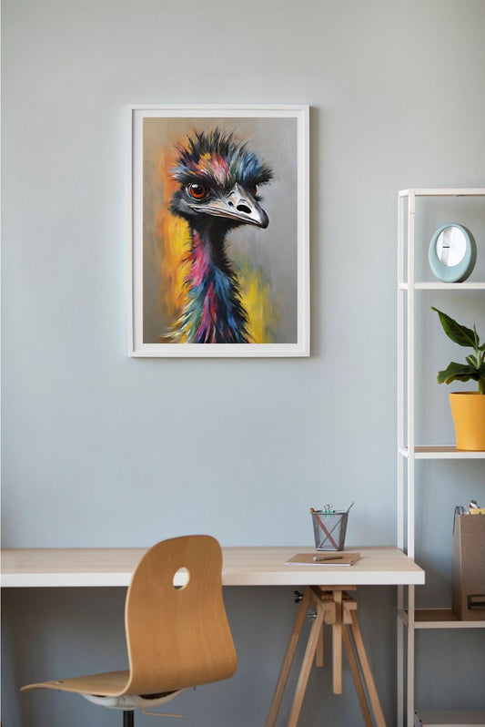 colourful emu art print framed in white and ung on wall over desk.