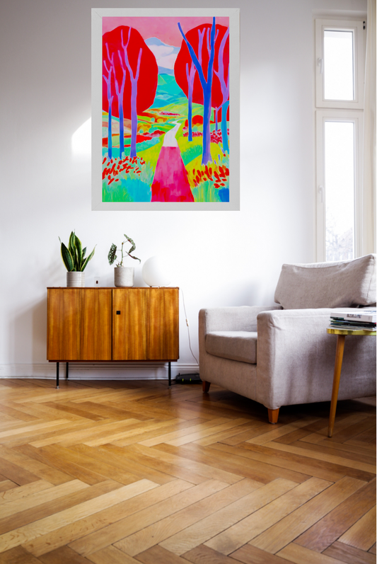 Pink_trees_colourful_landscape_hockney_style trees path art print framed and hanging on wall