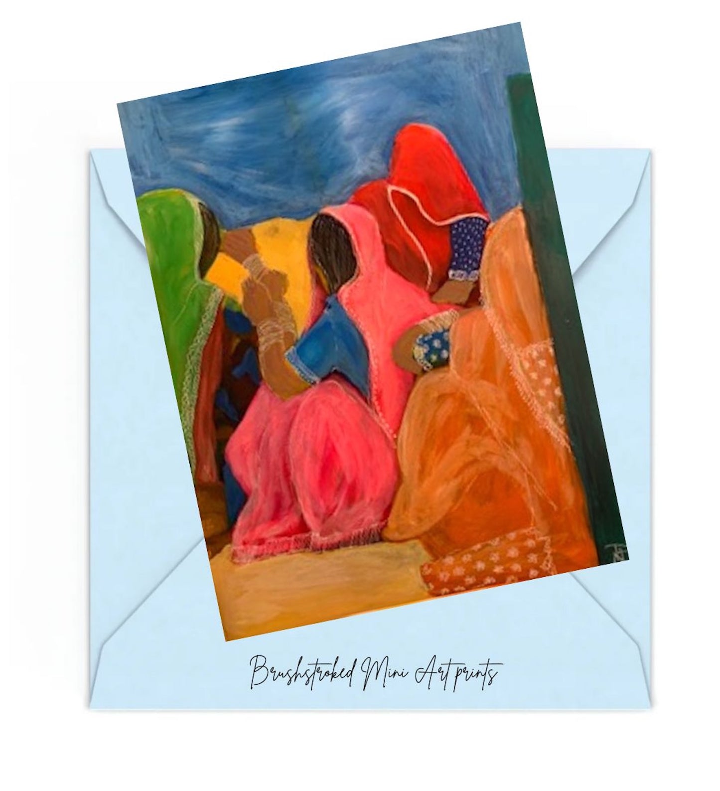 Indian women in colourful dress huddled together mini art print