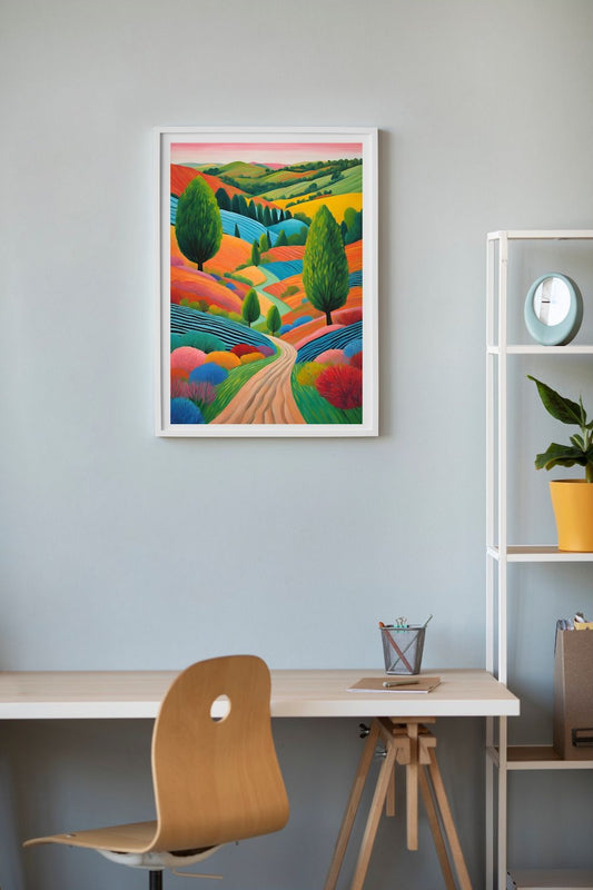 colourful whimsical vibrant abstract landscape art on wall meandering path through trees flowers hills framed and hanging on wall above desk
