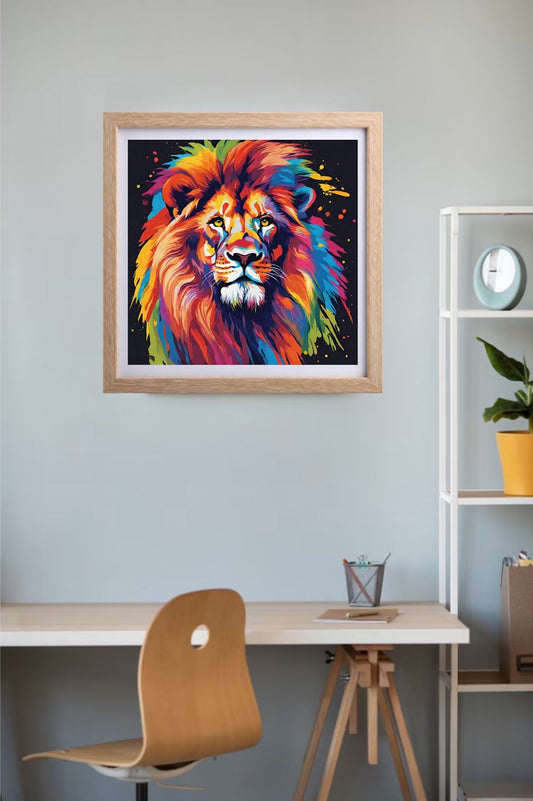 Colorful lion painting in a wooden frame on a wall above a desk.