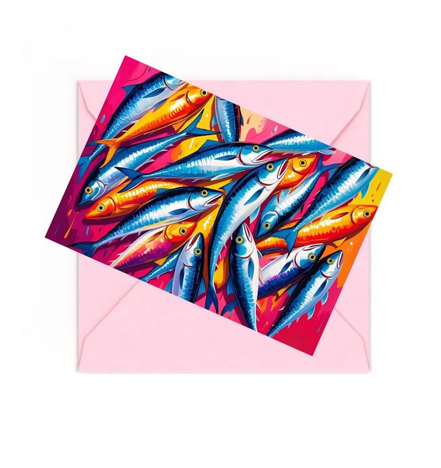 mini art print of colourful sardines in a pile, on top of an envelope