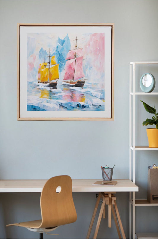 ships sailing near icebergs art print framed in wood hanging on wall above desk.