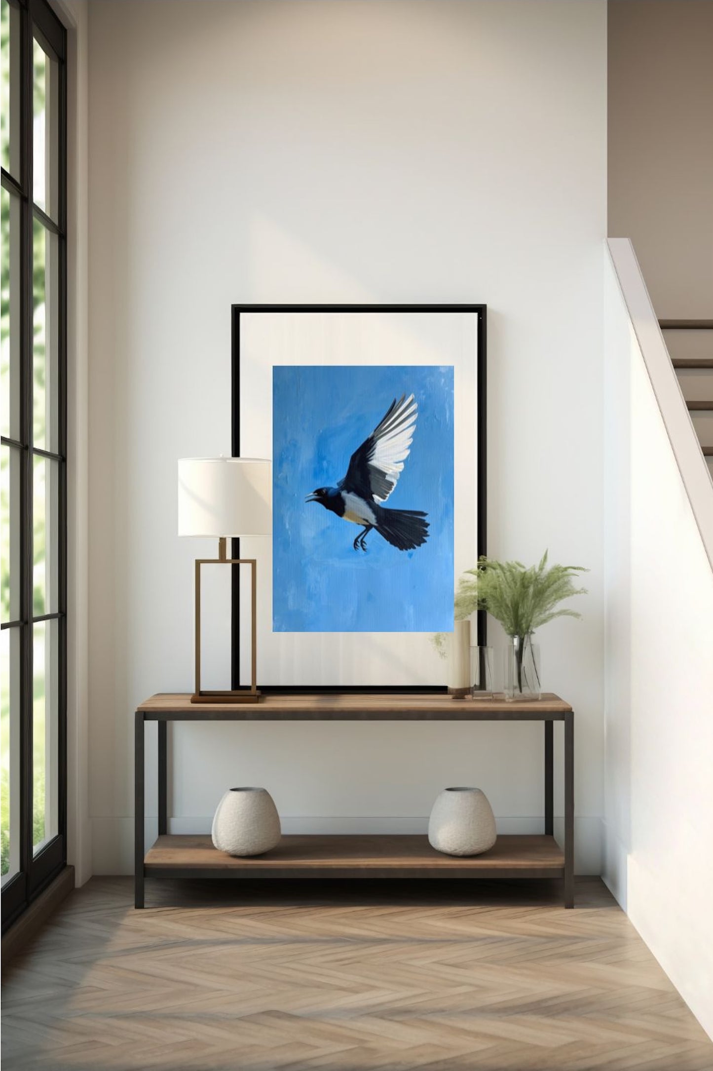 Giclee Art Print Of A Magpie In Flight Against A Blue Sky.