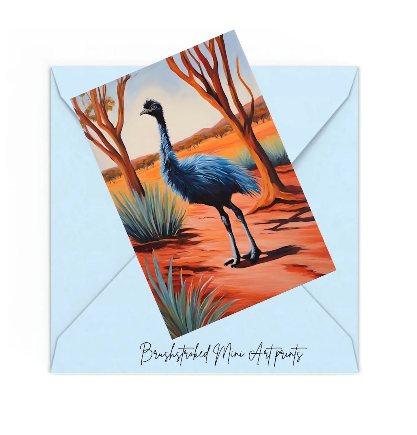 mini art print with emu illustration in a Australian desert landscape, featuring 'Brushstrokes Mini Art Prints' text on an envelope