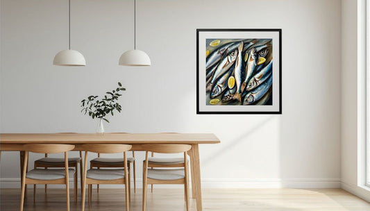 Framed artwork of fish on a wall above a dining table in a modern room.