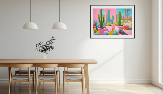 Colorful cactus painting on a wall above a wooden dining table.