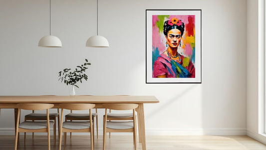 Colorful portrait of a famous artist hanging above a dining table in a modern room.