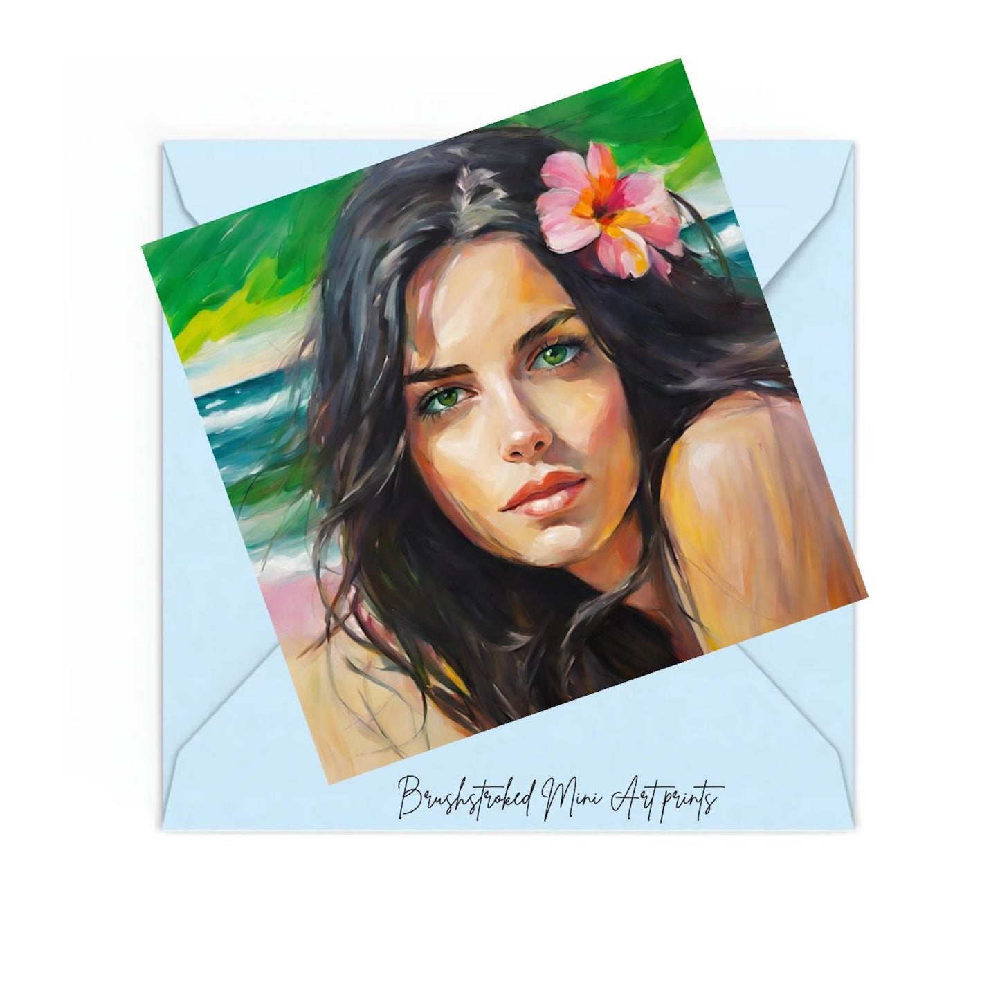 Dark haired green eyed girl with a pink flower in hair on the beach portrait mini art print
