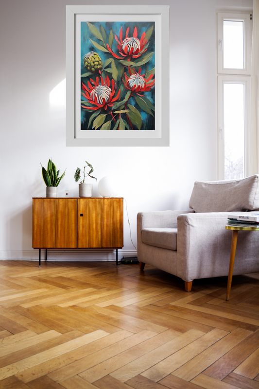 red proteas and green leaves painted on a blue background art print framed in white hanging on living room wall