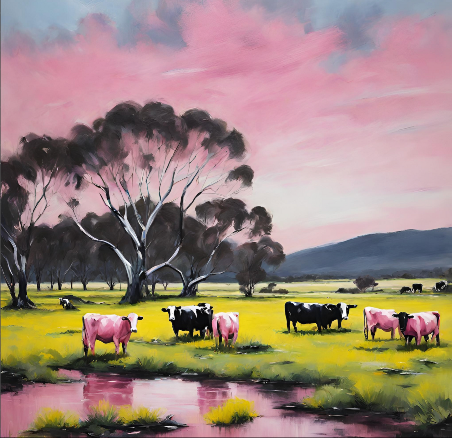 Grampian mountains gum trees and pink and black cows landscpe art