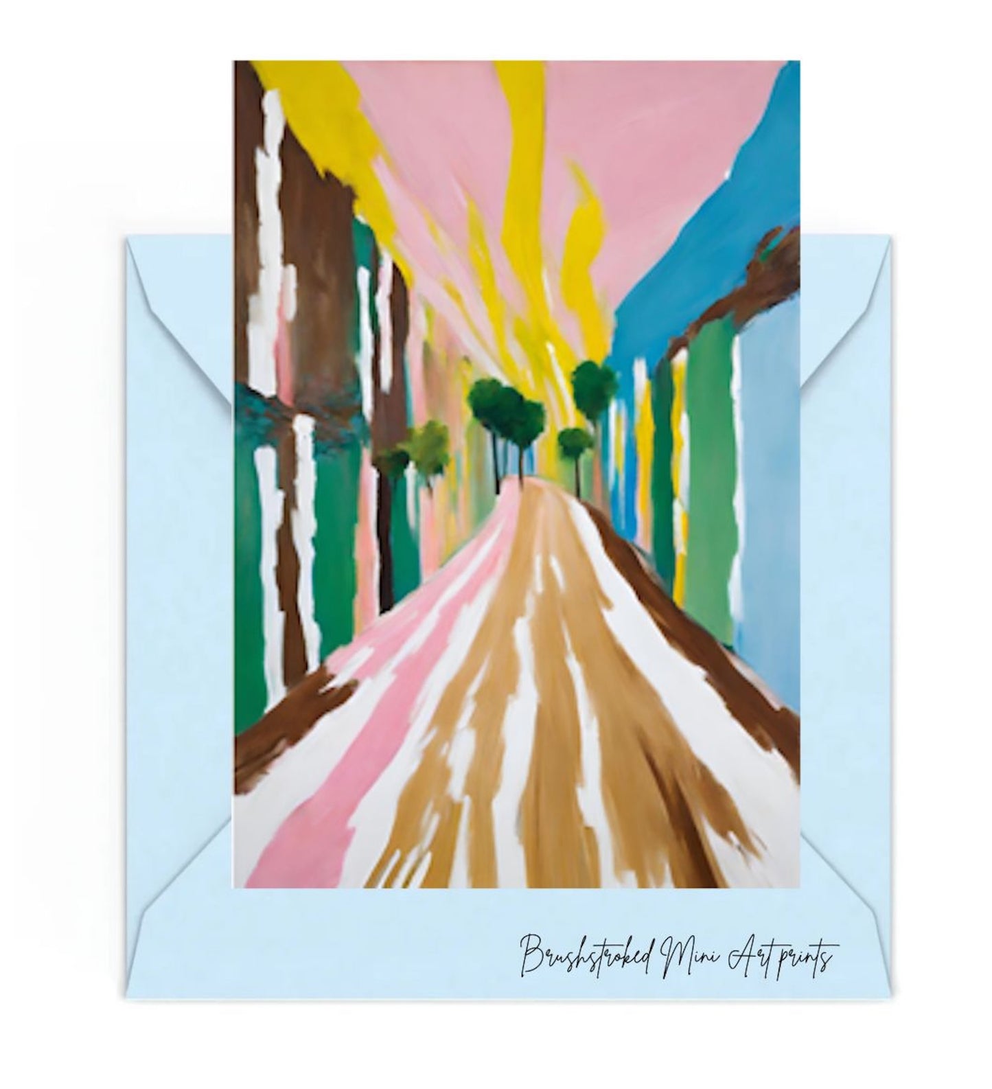 colourful david hockney style landscape abstrat with trees and path mini art print, on top of a blue envelope