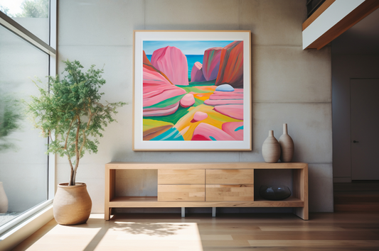 Abstract painting depicting pink rocks beside calm water, showcasing a serene natural seascape