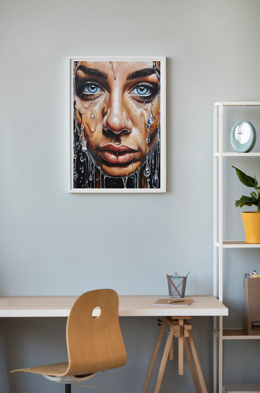 hyper realistic drawing of woman with blue eyes with water droplets on her face framed art hanging on wall