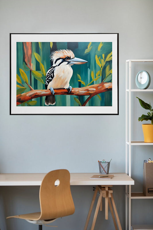 A painting of a colourful kookaburra bird perched on a branch hanging inside a cozy room with soft lighting.