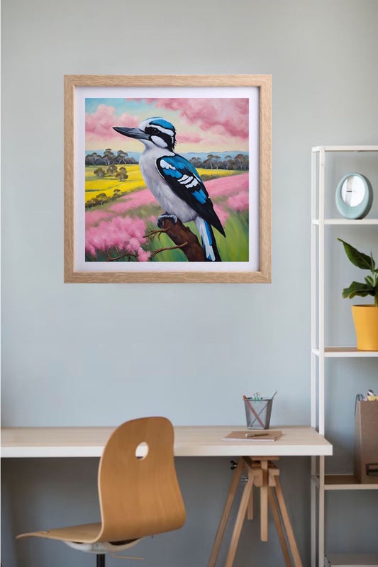 mini art print of a blue, black and white kookaburra bird sitting on a branch