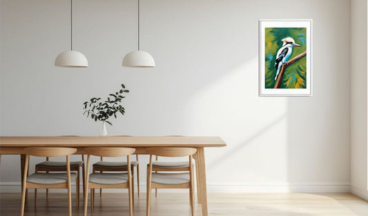 Dining room with a wooden table, chairs, and a painting of a kookaburra on the wall.