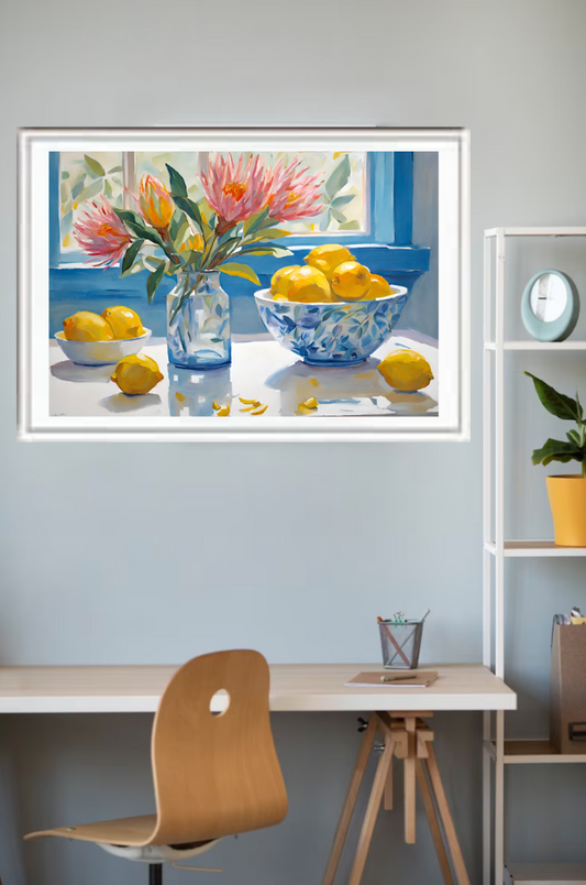 pink proteas flowers in glass vase and lemons on table near window art print framed in white hanging on wall.