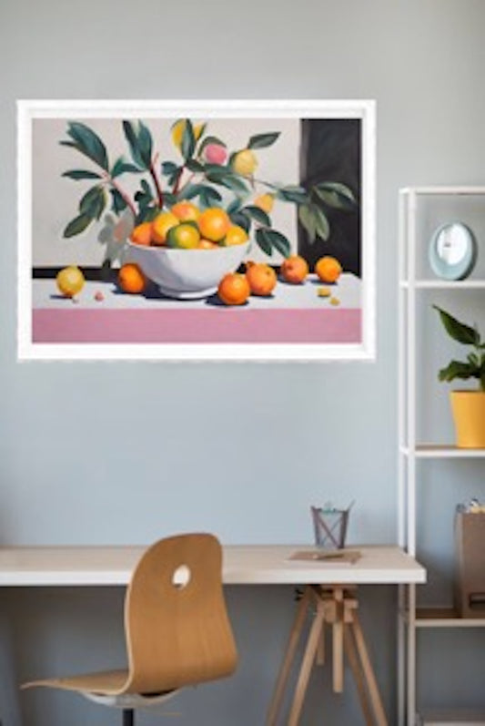 lemons_and_oranges_in_white_bowl art print hanging on wall
