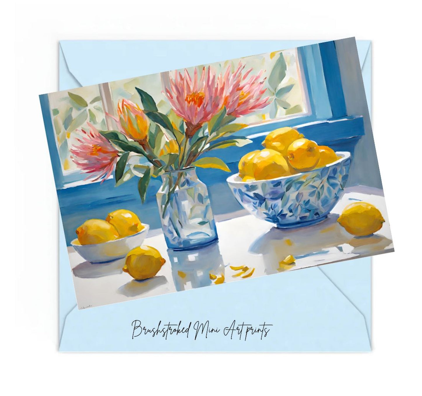 pink proteas and lemon on table near window mini art print