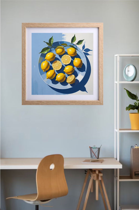 Framed artwork of lemons on a blue background in a home office setting.