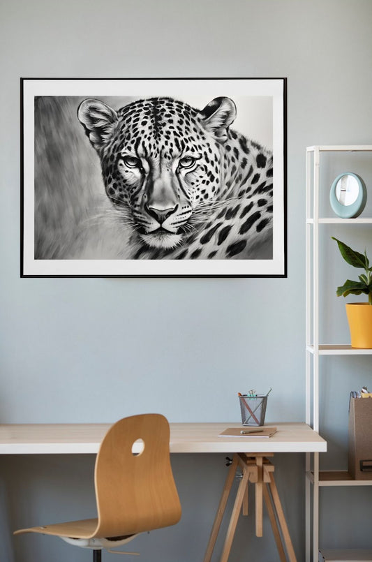 Black and white drawing of a leopard, showcasing its distinctive spots and graceful posture framed art hanging on wall