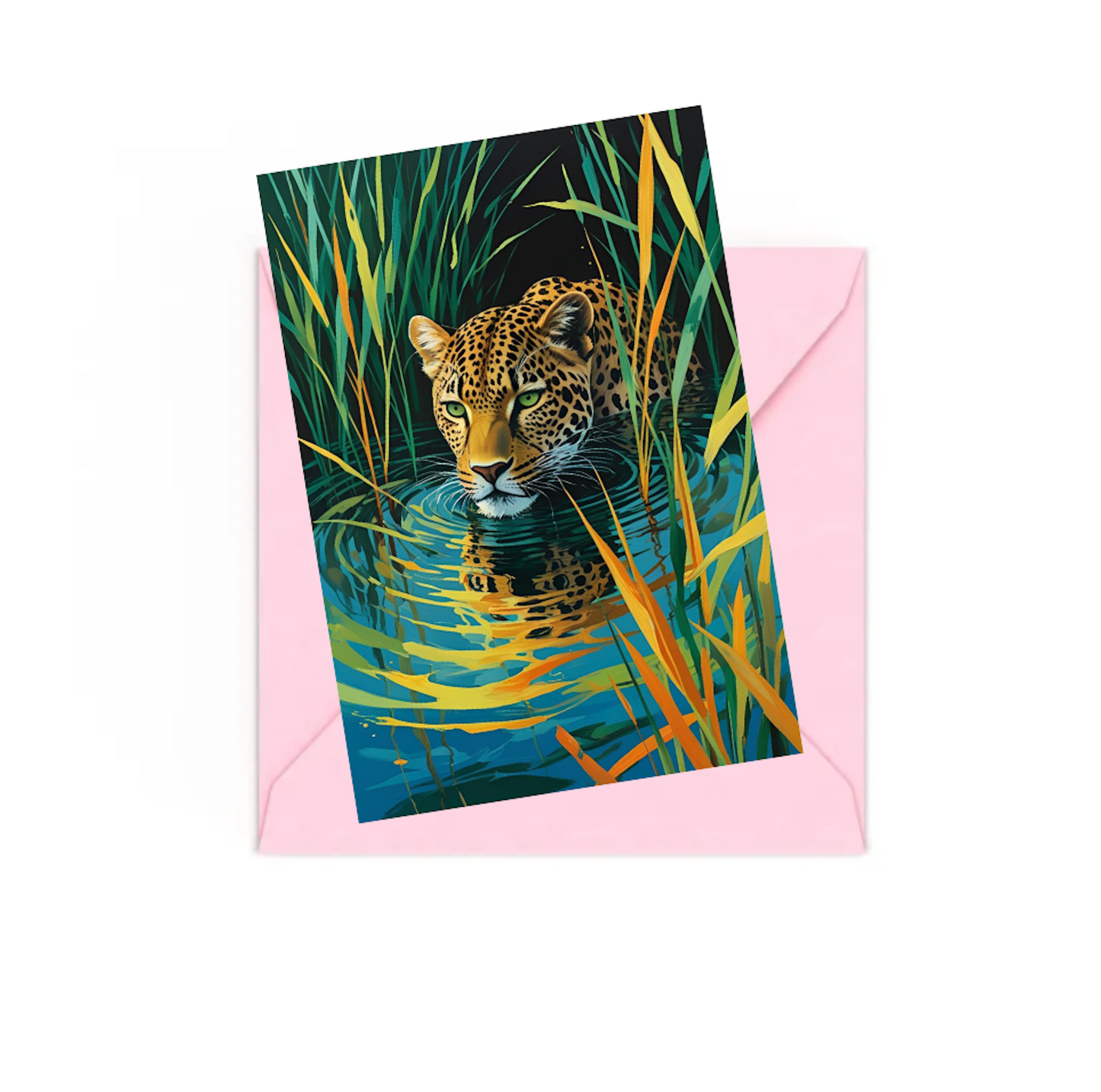 leopard in water amongst reeds mini art print, on top of a pink envelope