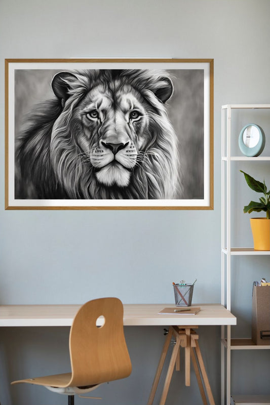 black and white portrait of a lion framed in wood and hung on wall above desk.