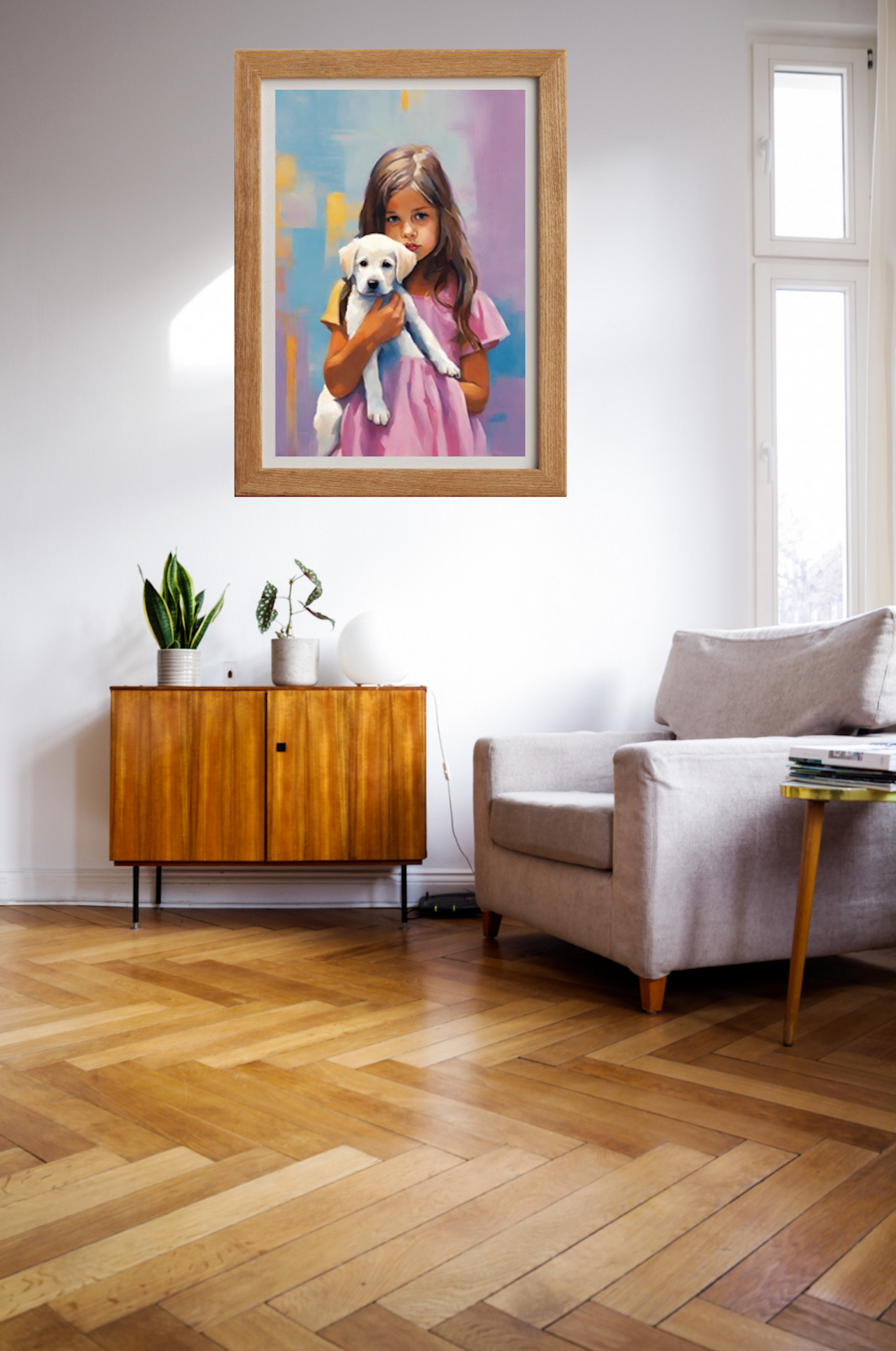 little_girl_with_a_puppy_art_print framed and hanging on wall