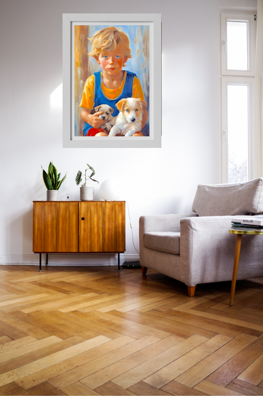 little boy blonde hair blue eyes holding two puppies framed art hanging on wall