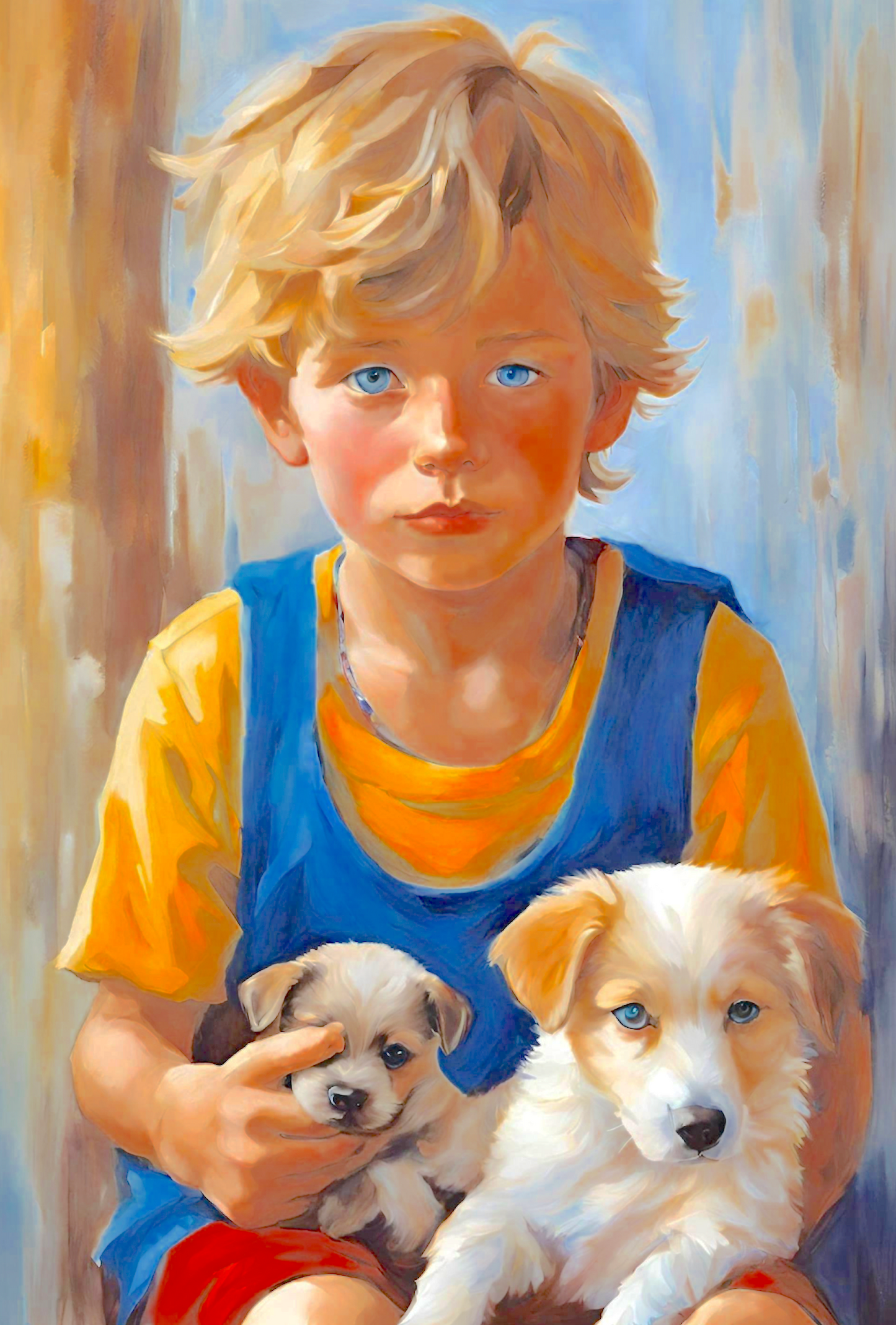 blonde haired blue eyed little boy holding two puppies art print