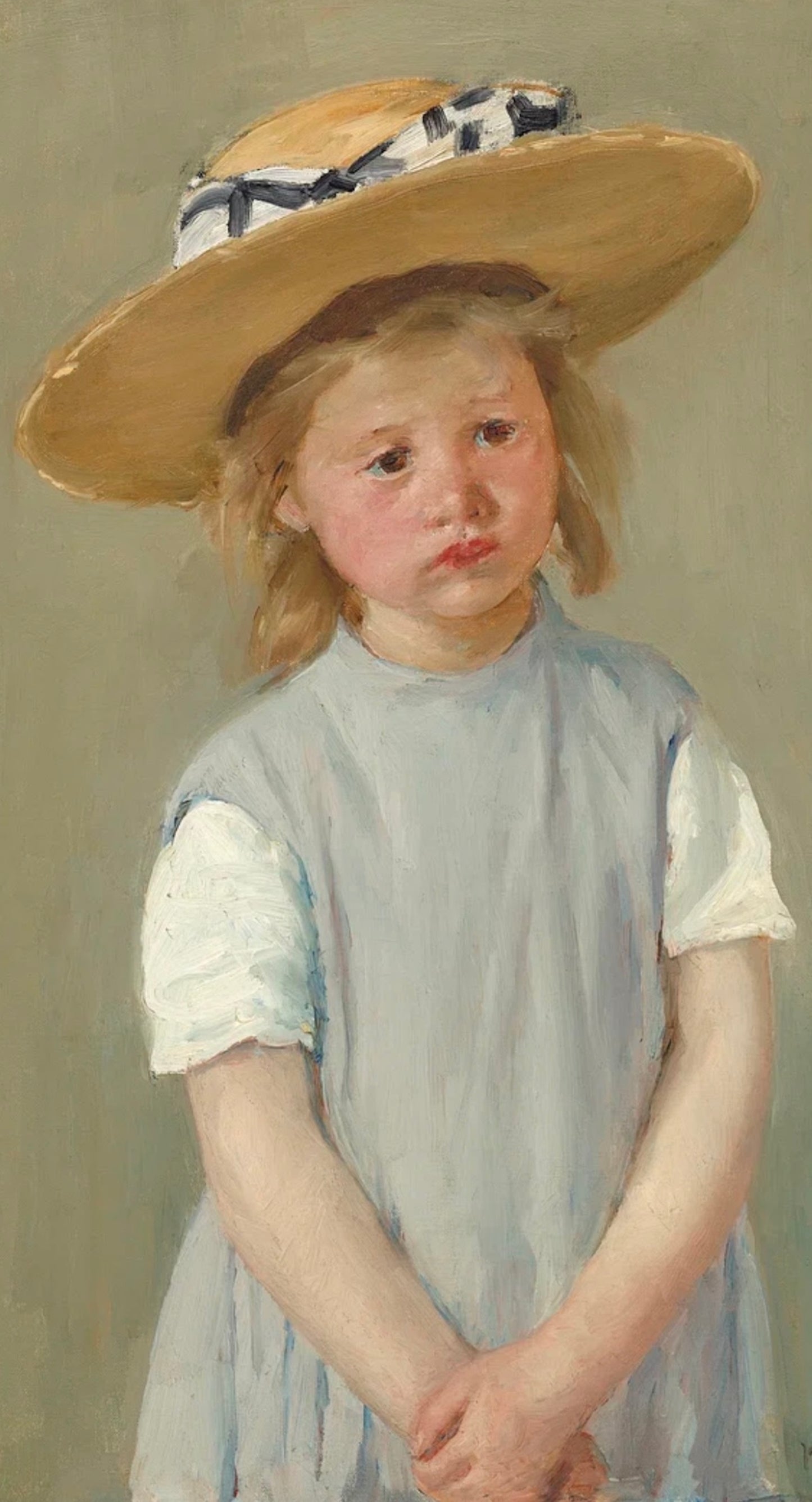 little girl in straw hat and grey dress vintage art print