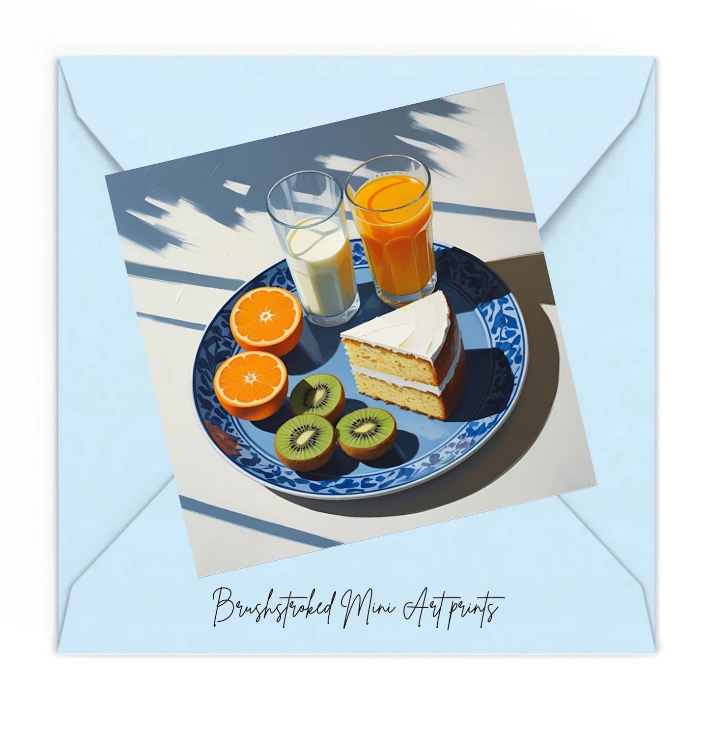 mini art print of kiwi fruit and oranges cake milk and orange juie on blue plate