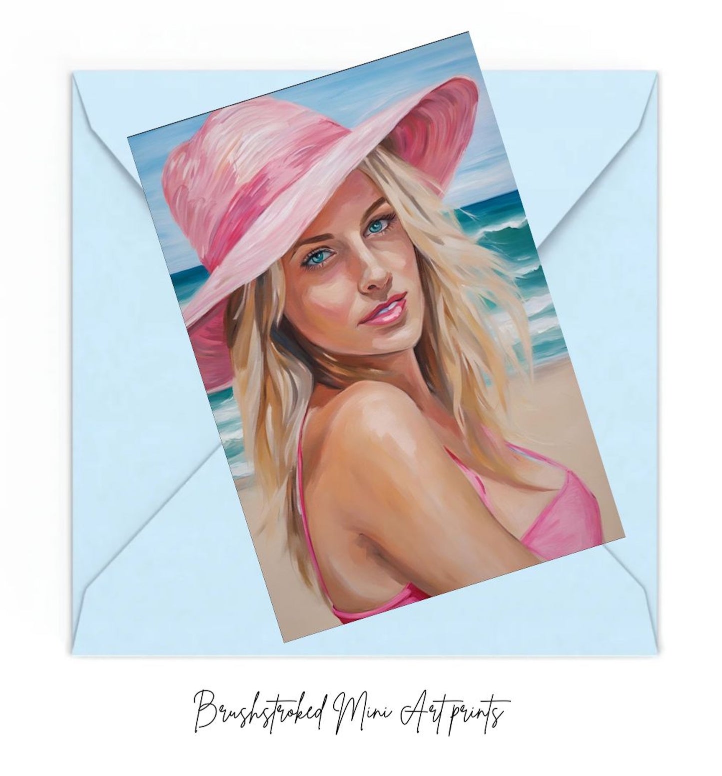 mini Art print of a woman wearing a pink hat and bikini on a light blue envelope with 'Brushstroked Mini Art Prints' text.