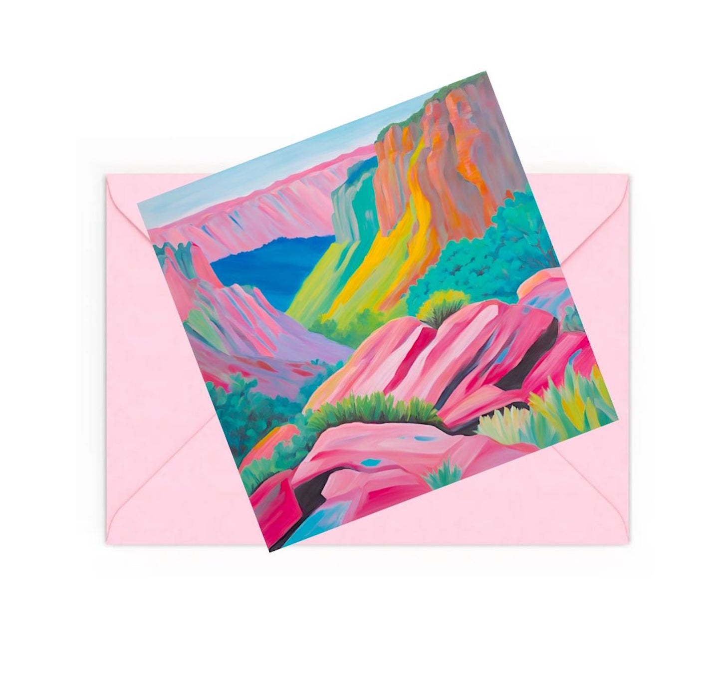 mini art print of an abstract seascape with colourful cliffs, on top of a Pink envelope