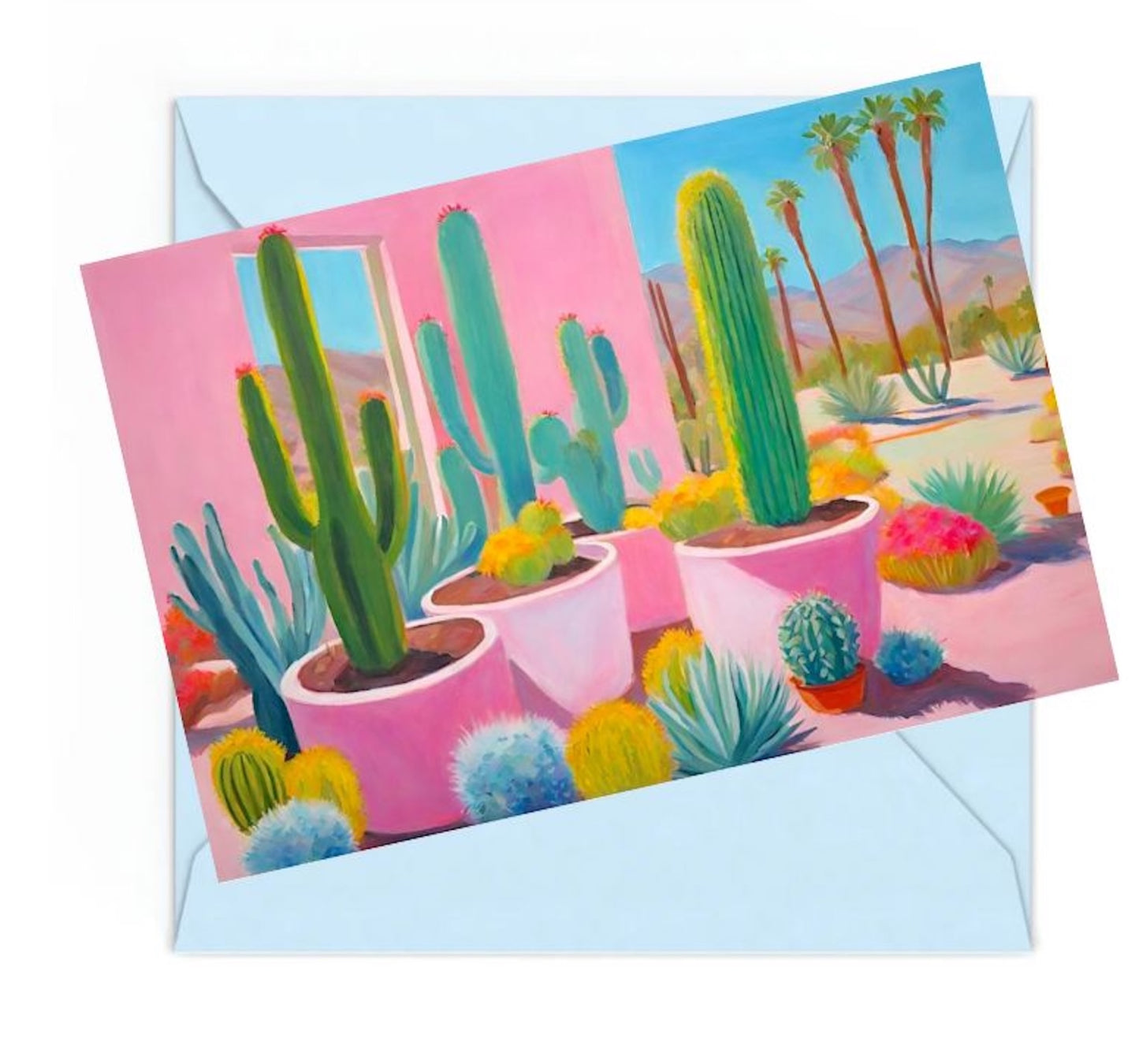 Colorful cactus mini art print of a painting with a pink background and envelope